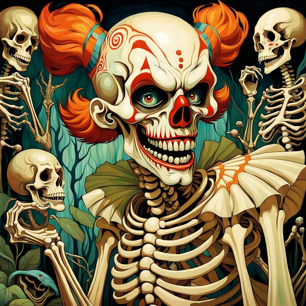 Hyperrealistic Clown Lizard Skeleton in Fauvist Oil Painting