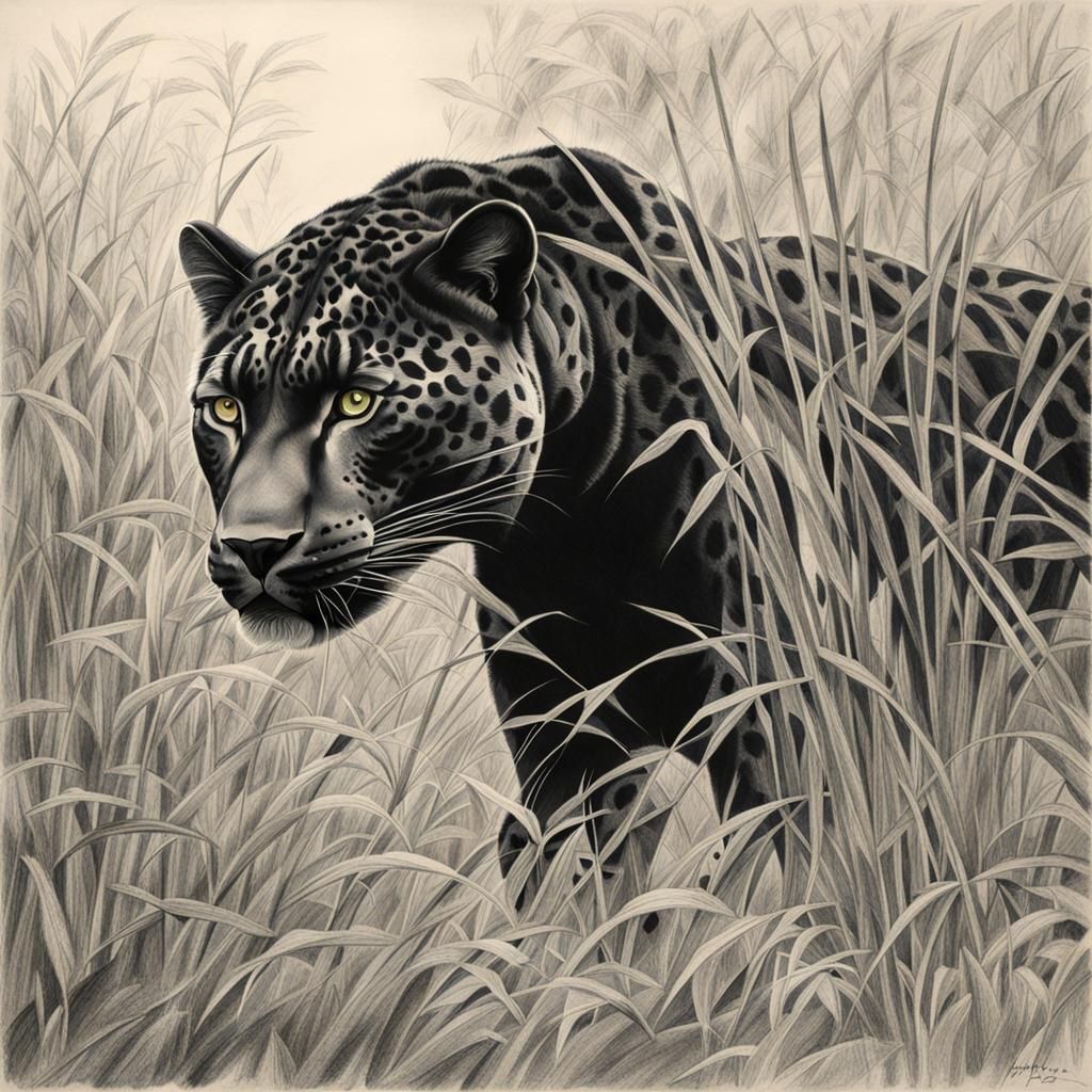 Pencil Drawing of Black Jaguar Stalking Prey