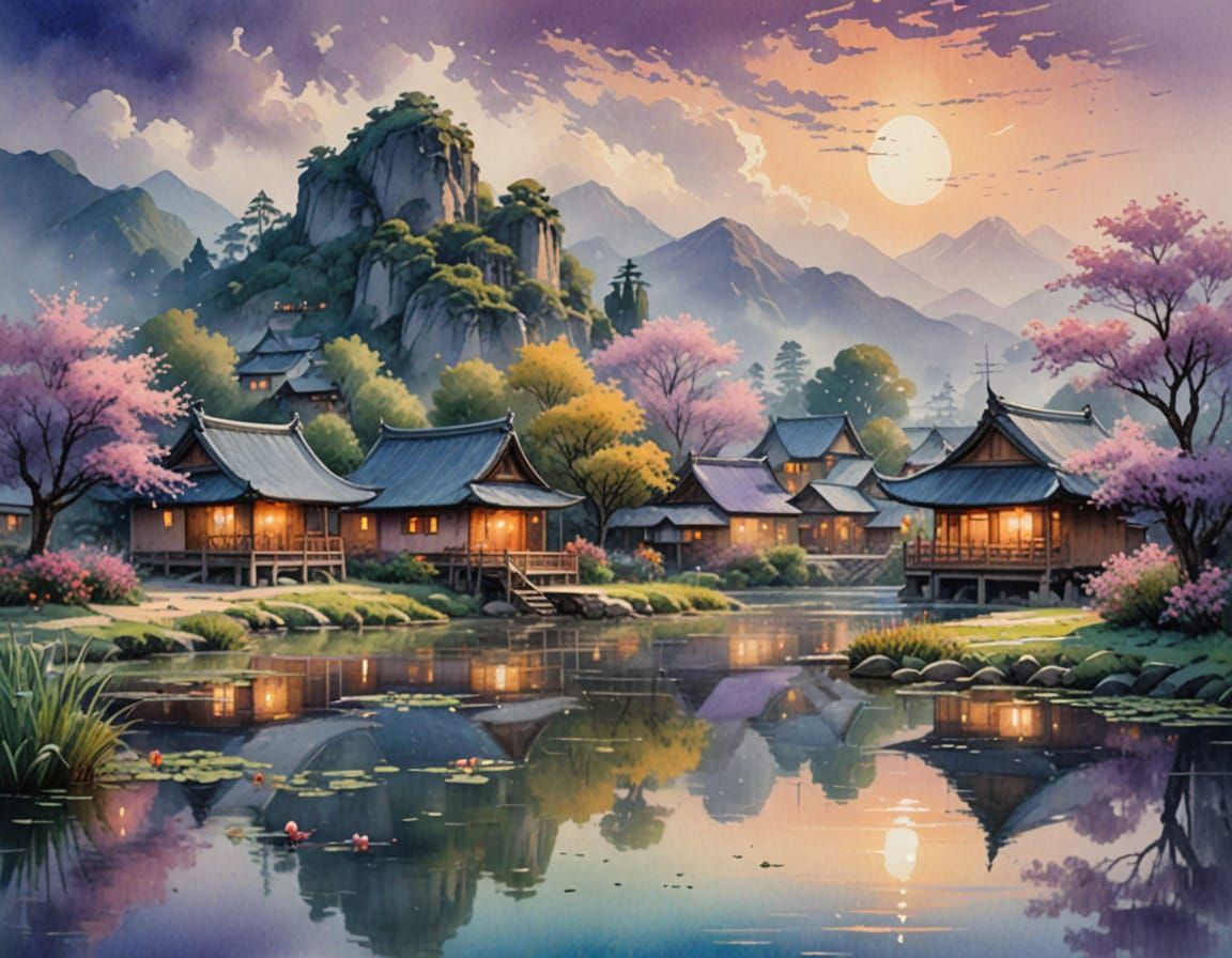 Dreamy Oriental Village Under Moonlit Skies