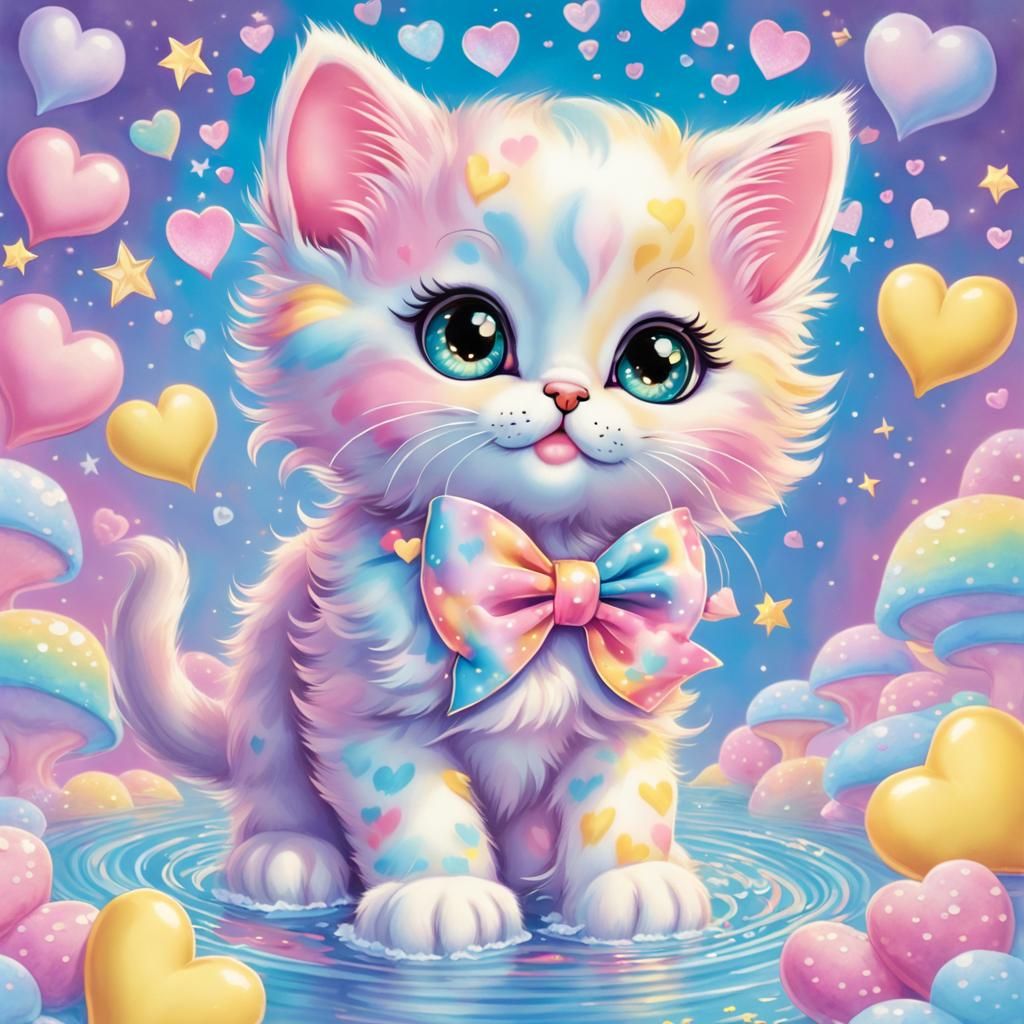 Pastel Kitten Portrait with Bows and Stars