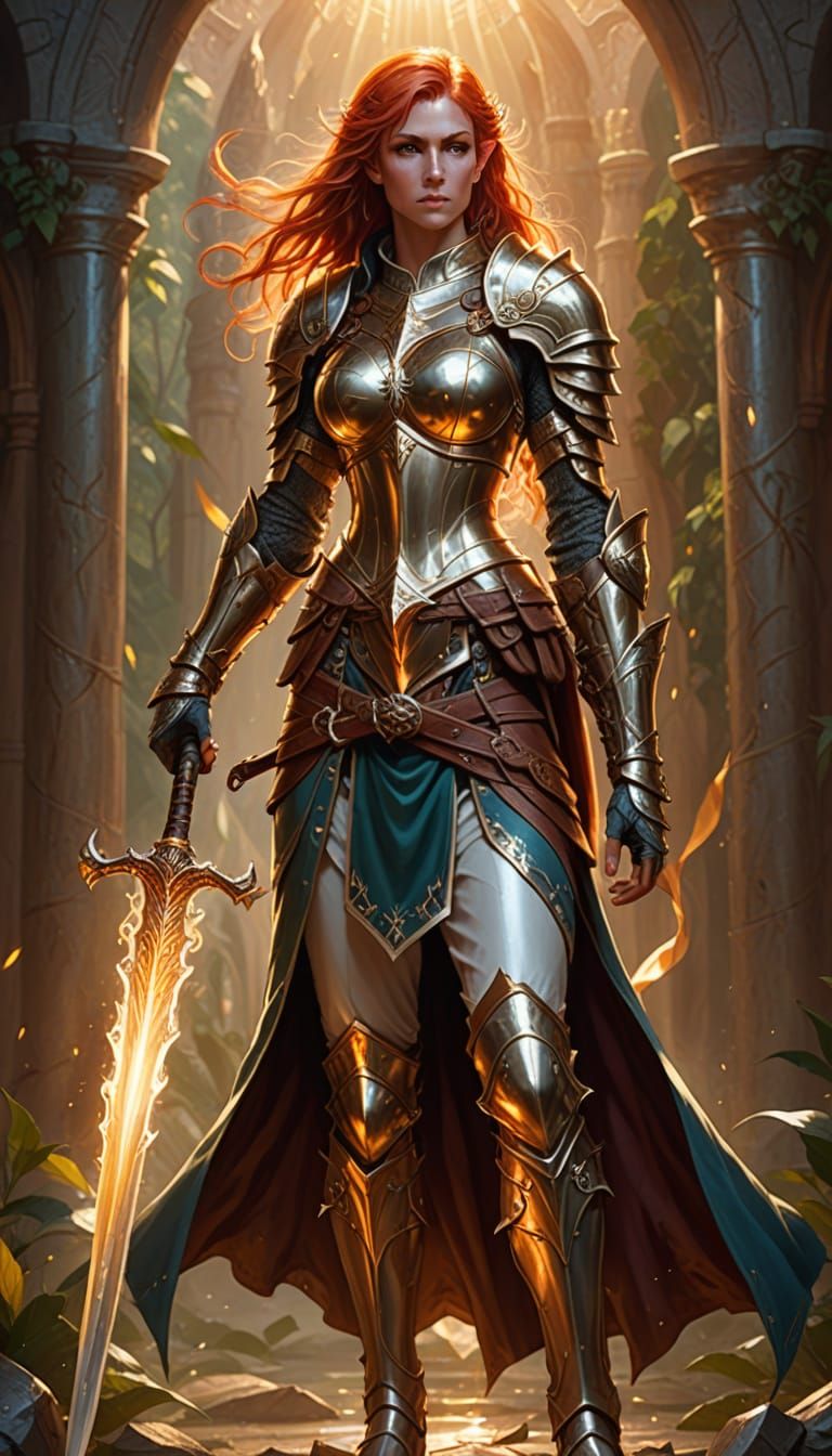 Female Elf Fighter-Cleric in Shiny Armor