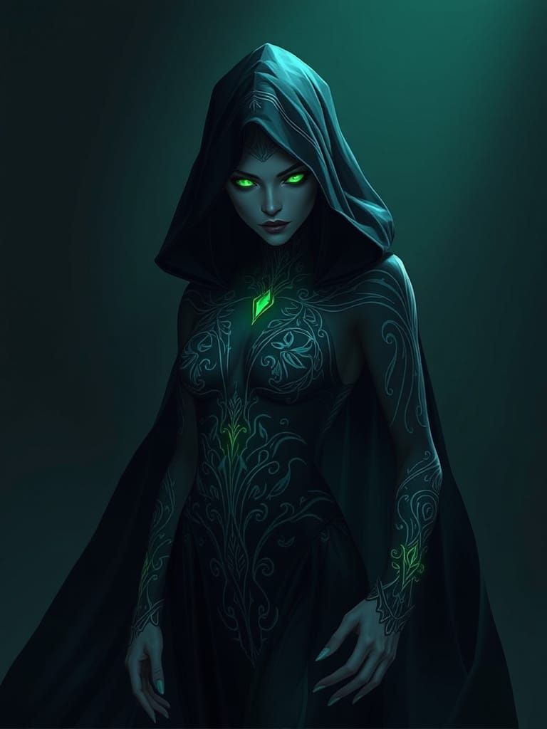 Enchanting Dark Fantasy Figure in Emerald Green and Shadowy ...