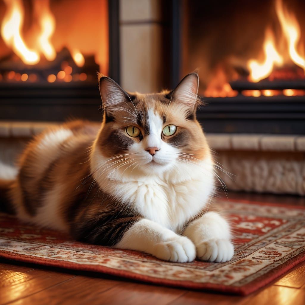 A snowshoe cat lying across the oriental rug in front of a f...