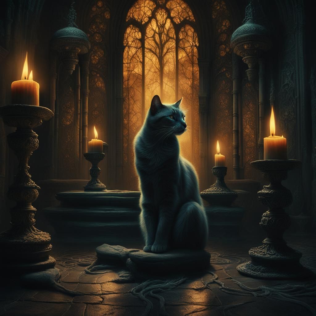 Cat on Witch's Lap in Dark Chamber, Digital Art