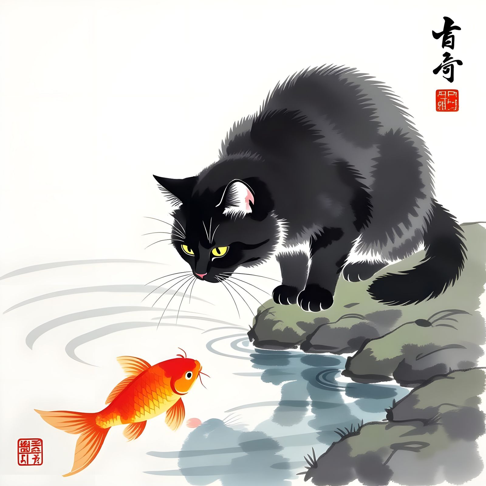 Cat Gazing at Koi: Sumi-e Ink Painting
