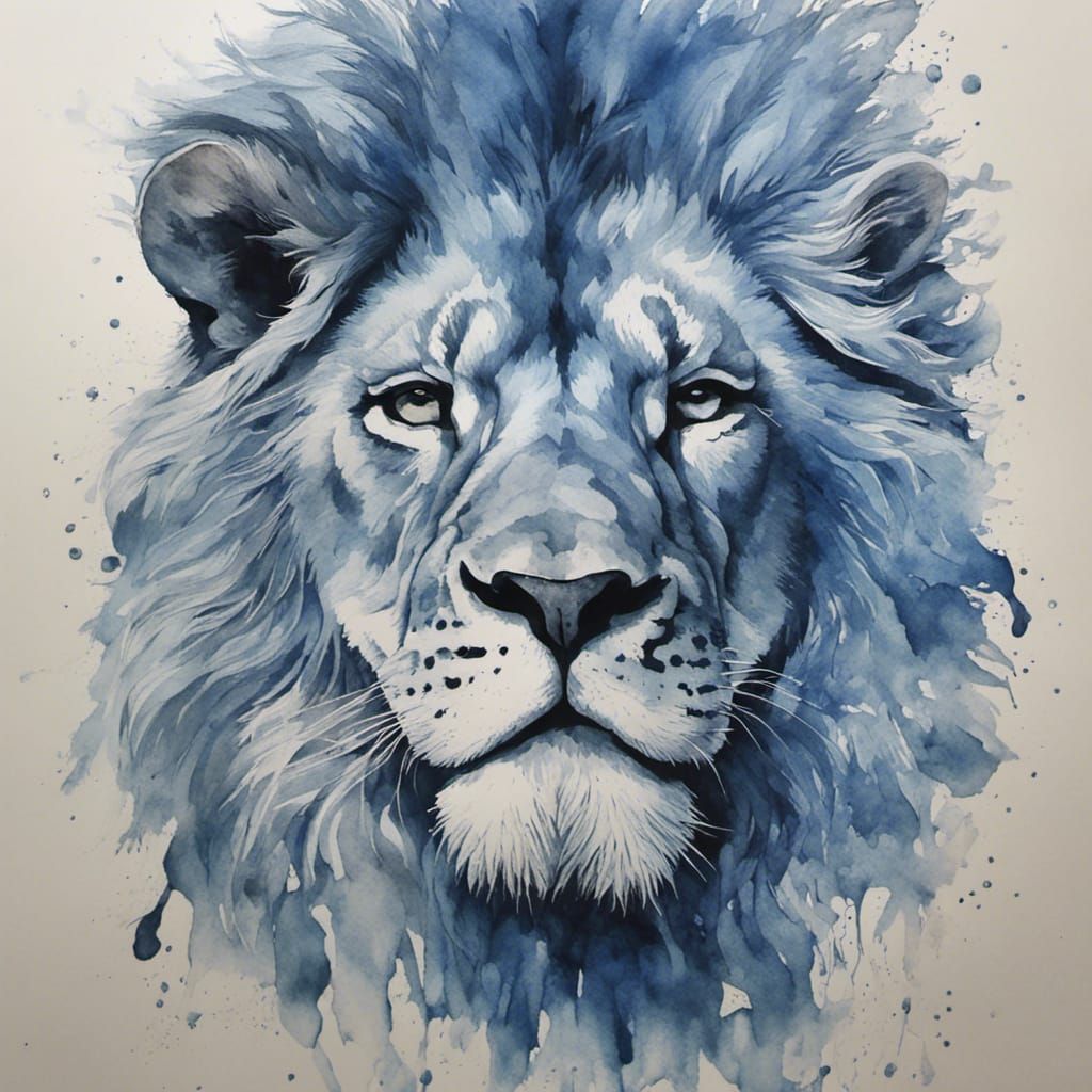 Courageous Lion Man in Blue Watercolor