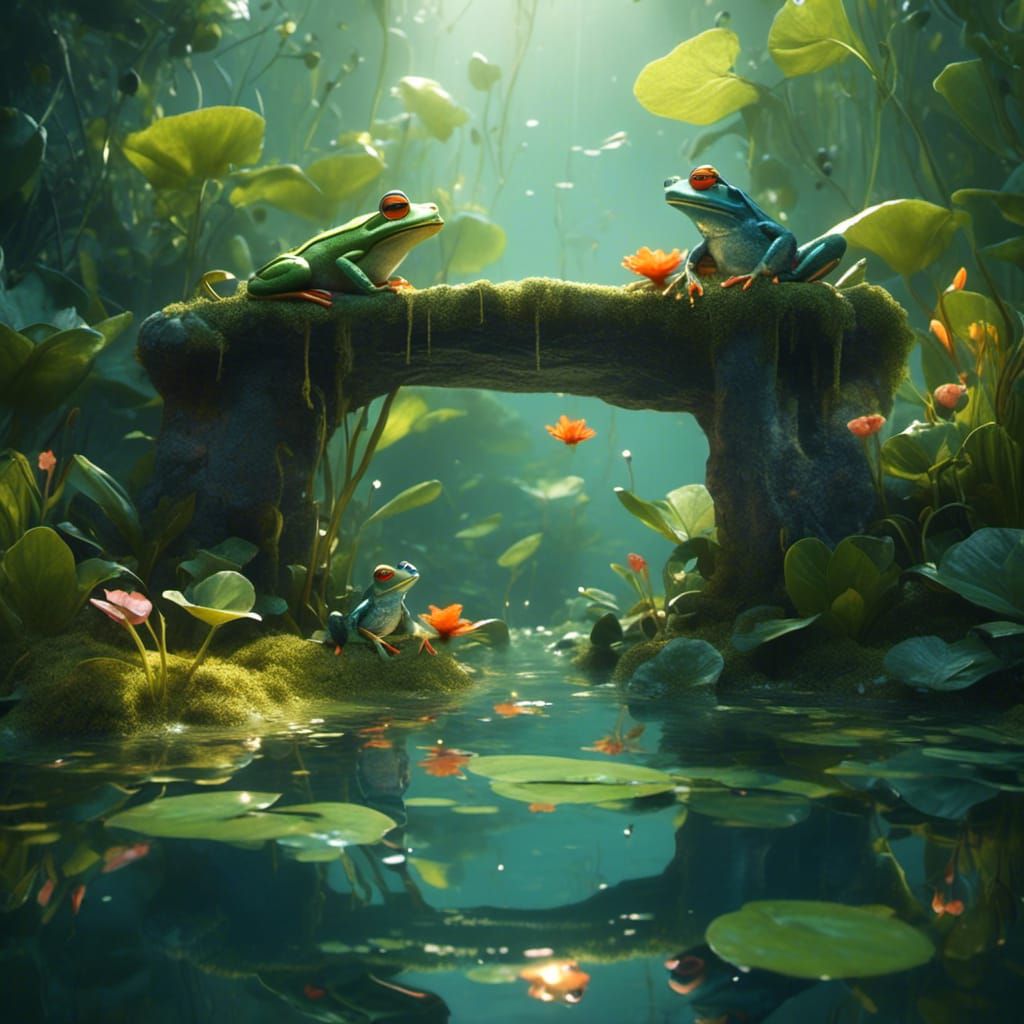 Frogs Relaxing in a Pond: Children's Book Illustration
