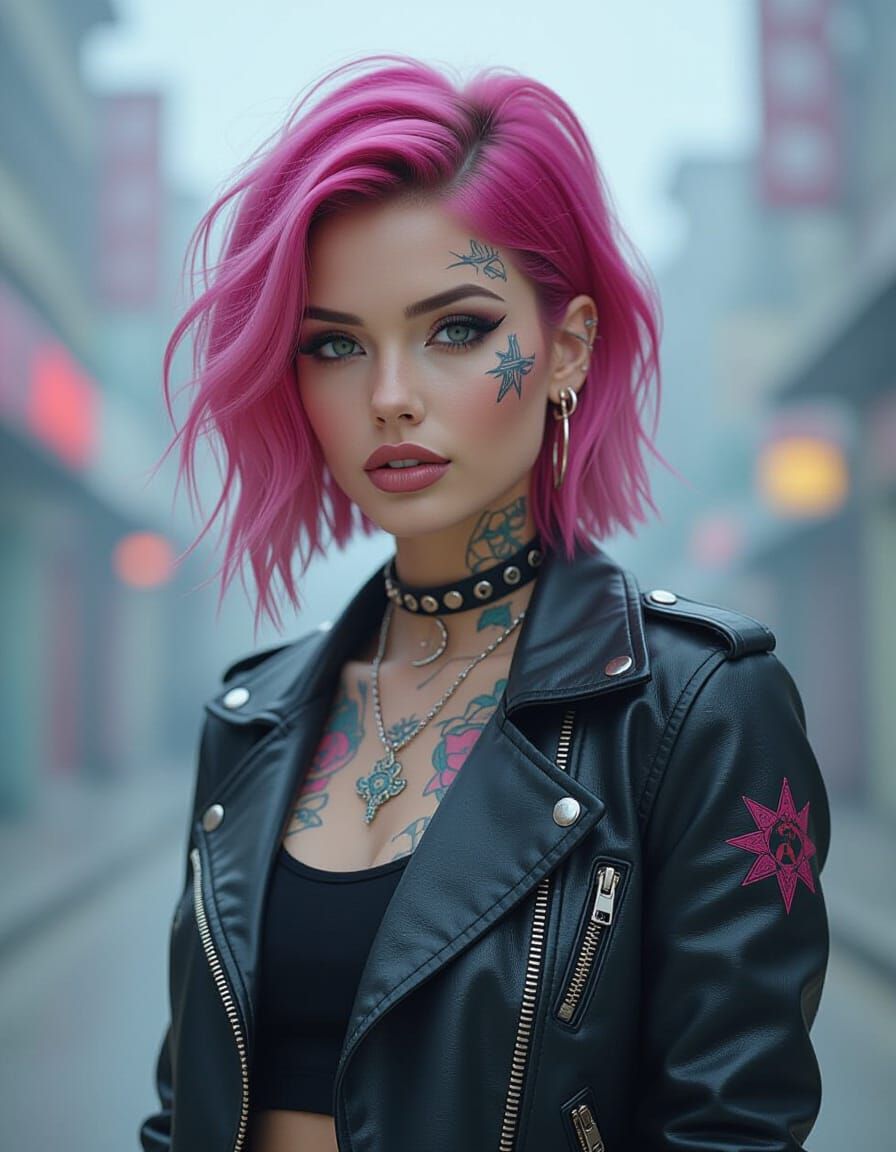 Punk Beauty with Pink Hair in Ethereal Setting