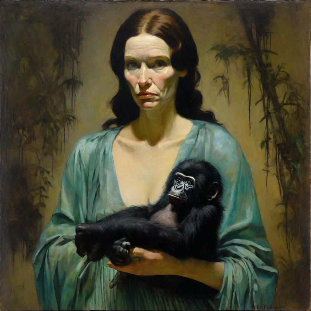Woman Holds Miniature Gorilla: Realistic Gouache Painting