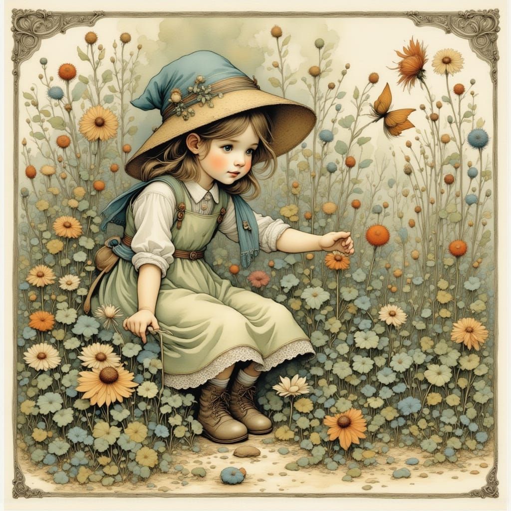 Whimsical Victorian Flower Elf in a Thorny Bramble Bush