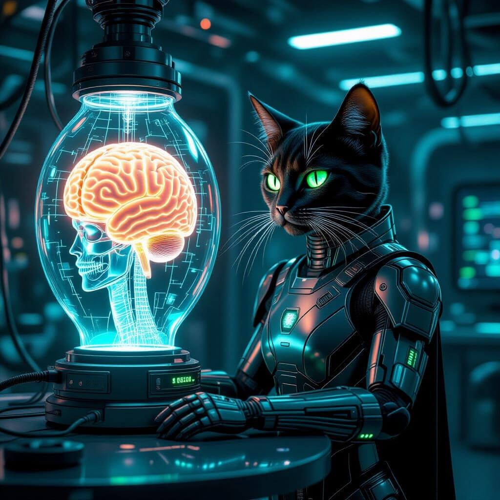 Cybernetic Cat Guards Pulsating Brain in Dark Lab
