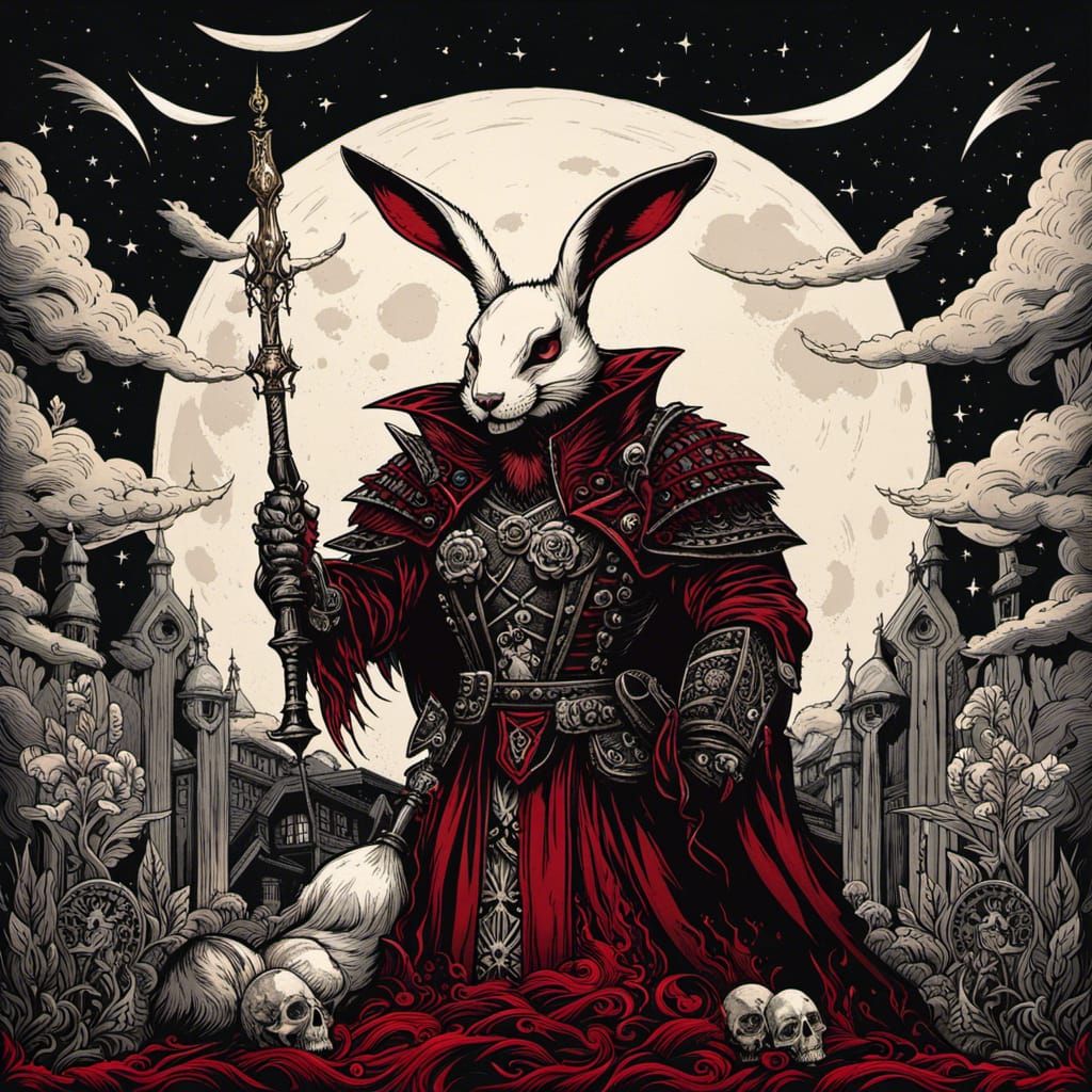 Gothic Skull, Rabbit, Moon in Dark Fantasy Style