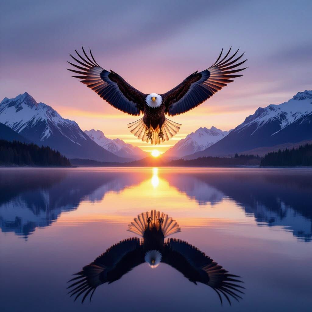 Majestic Eagle Soars Over Mirrored Lake at Dawn