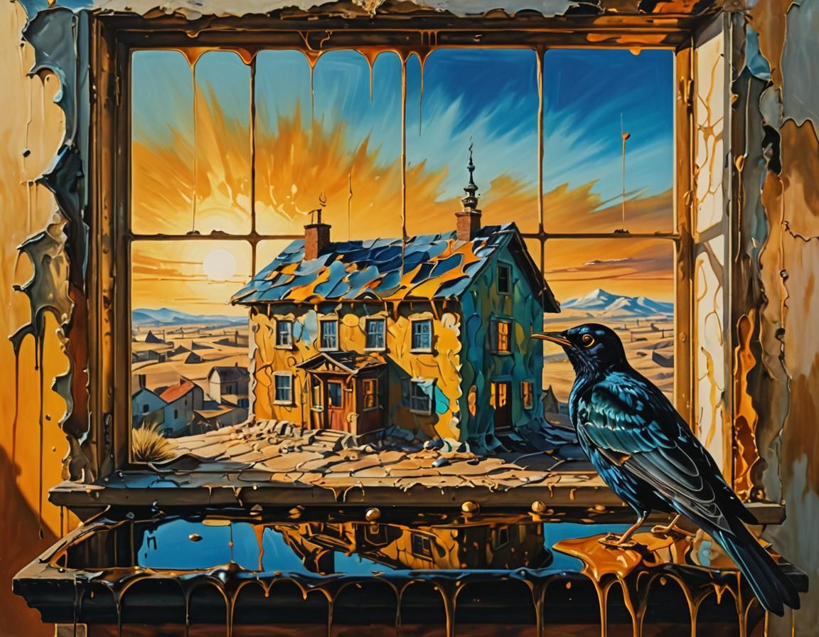 Surreal Starling in Melting House: Oil on Canvas