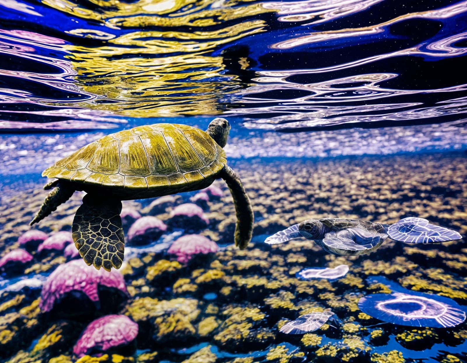 Mystical Turtle Takes Flight in Purple Depths