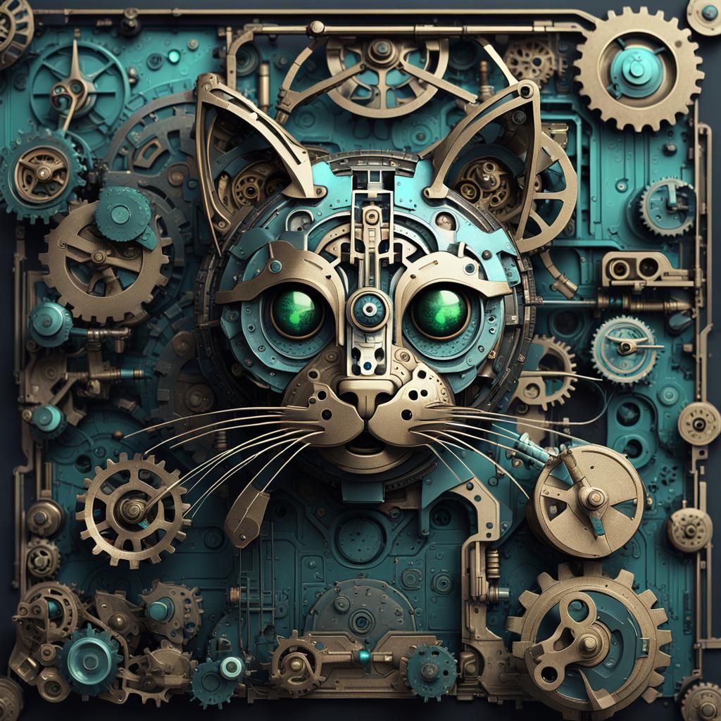 Futuristic Mechanical Cat Metal Sculpture in Cyberpunk Style