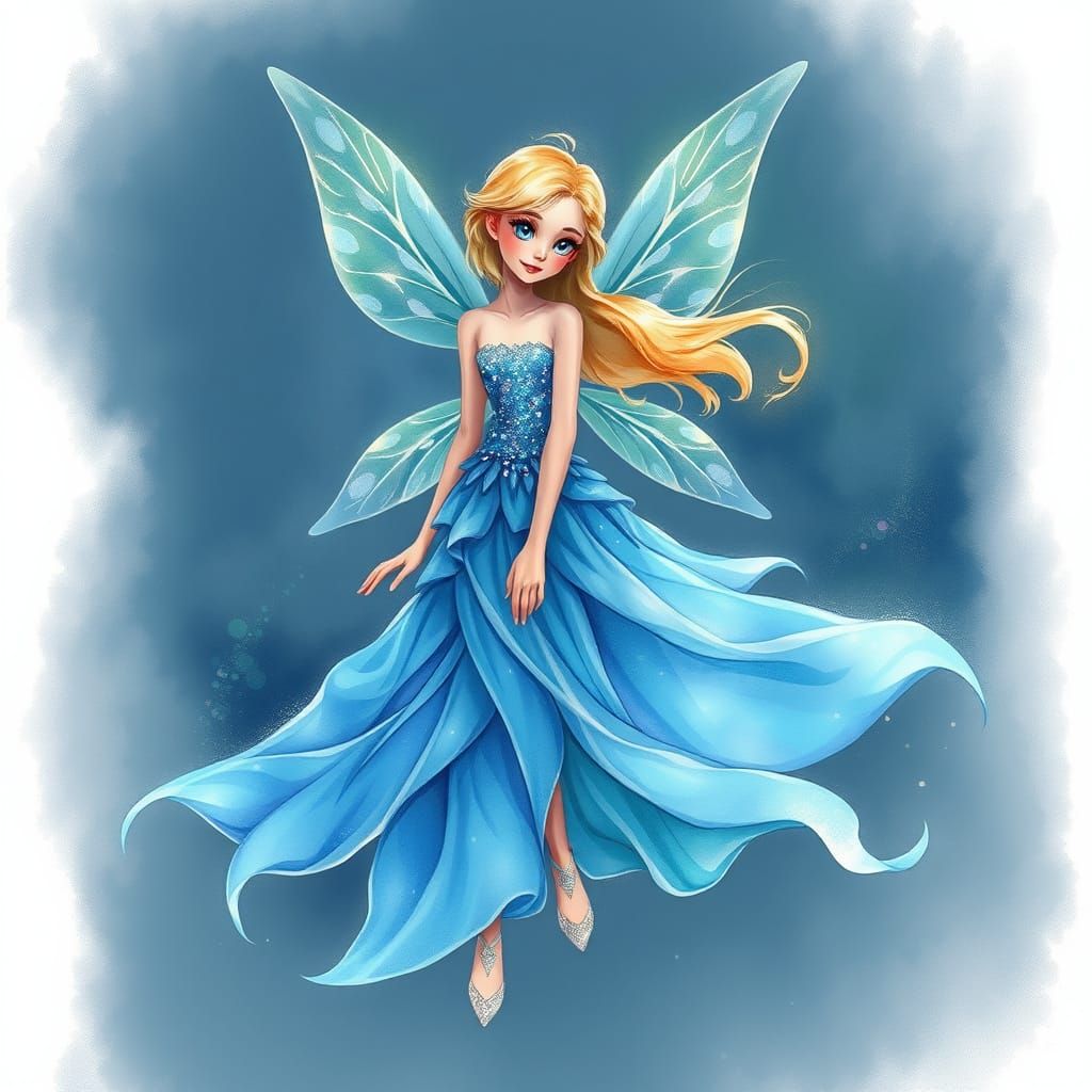Blond Fairy in Blue Ocean Dress: Watercolor Digital Art