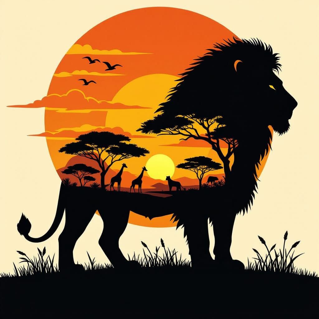 Lion Silhouette with Savanna Inside, Warm Hues
