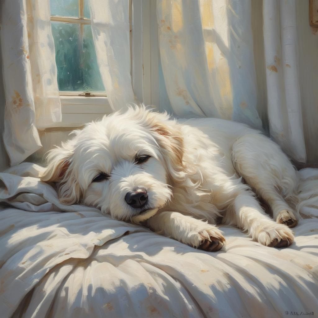 Dog Sleeping in Antique Room, Neo-Impressionist Style