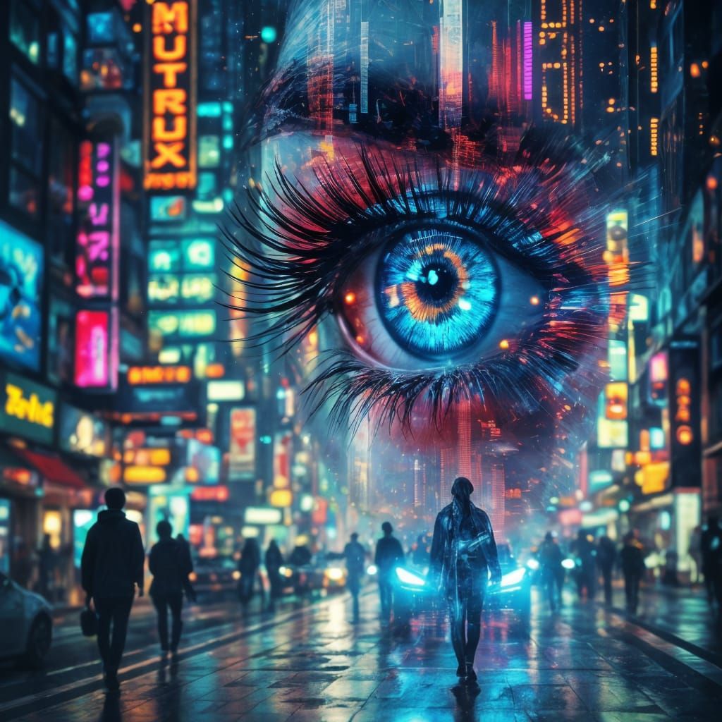 Cyberpunk Eye Over Cityscape: Double Exposure Art