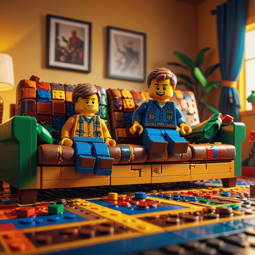 Lego Minifigures Scale Couch: Vibrant Digital Painting