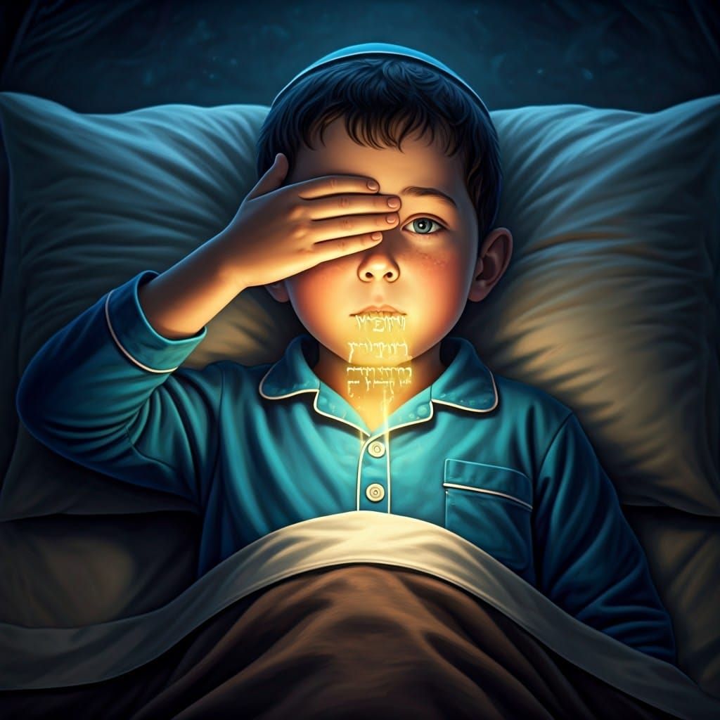 Boy in Bed Emanating Hebrew Text, Fantasy Concept Art
