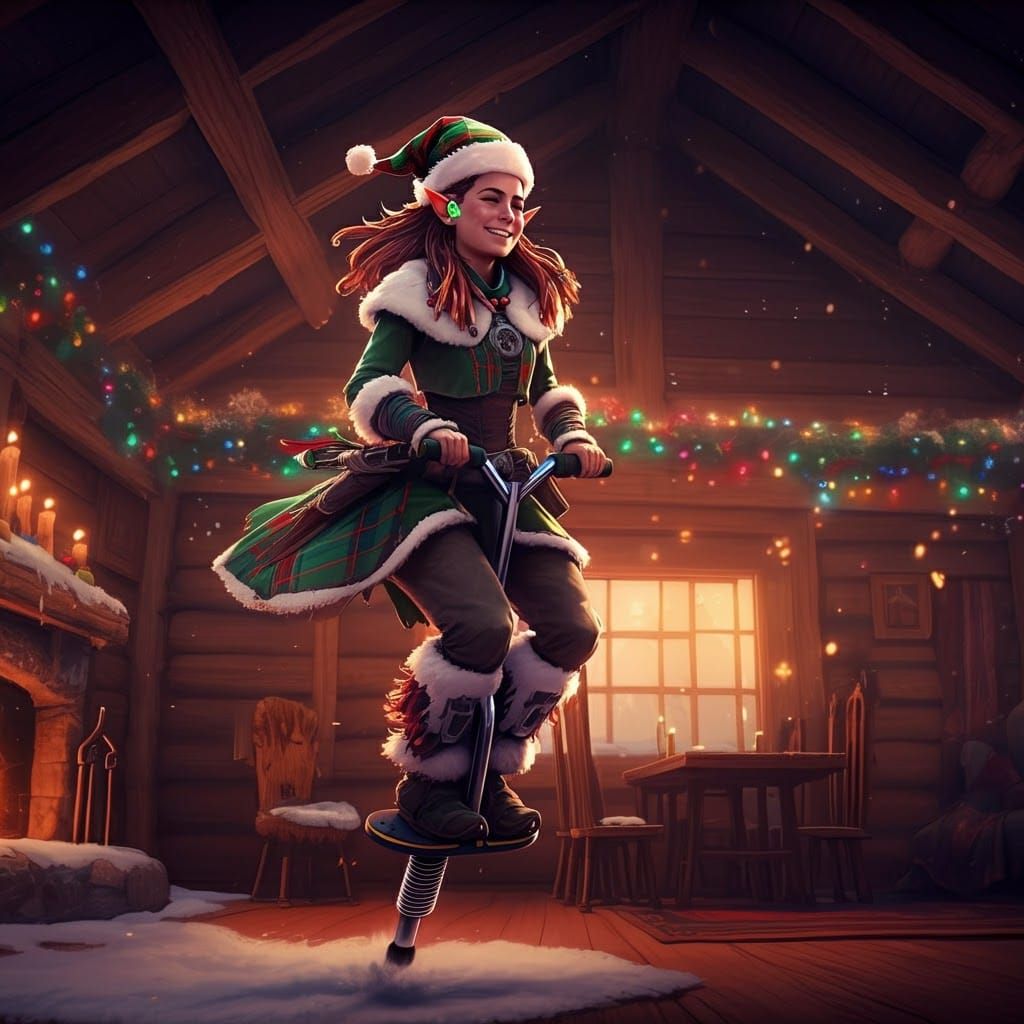 Aloy as Christmas Elf in Cozy Cabin, Cel-Shaded Style