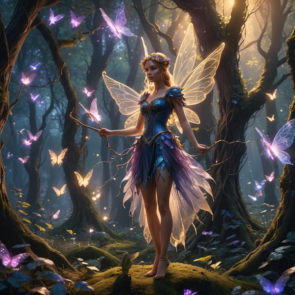 Enchanted Fairy Practicing Magic in Forest, Matte Painting