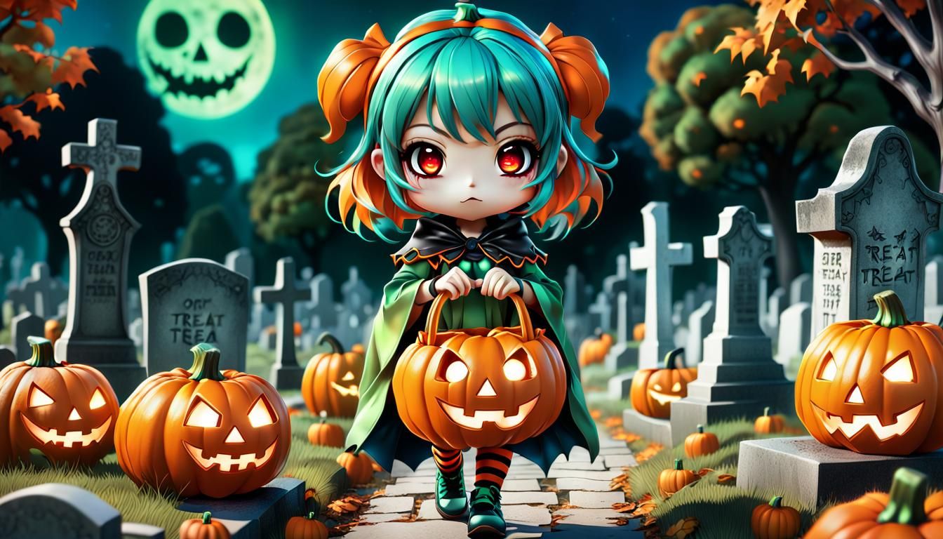 Hyper-Realistic Chibi Anime Girl in Cemetery