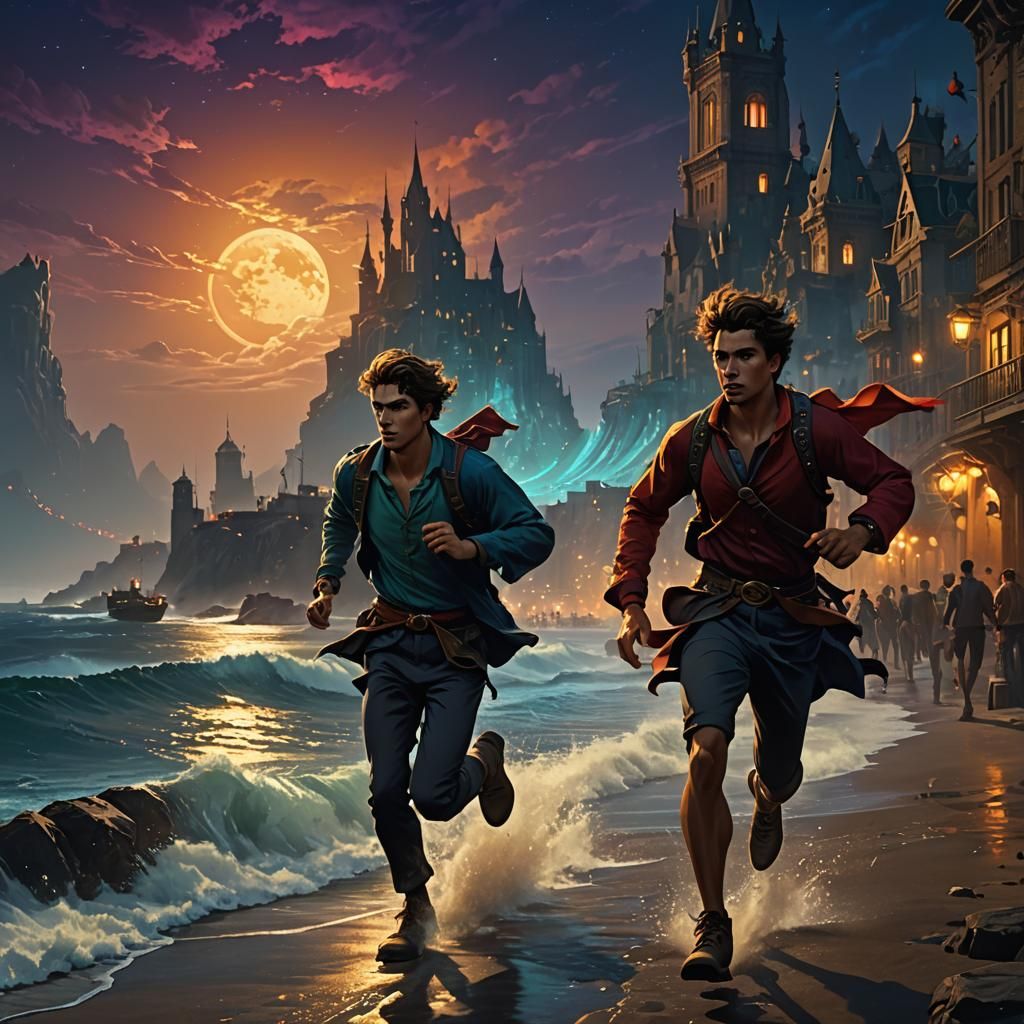 Night Runners by the Coastline: Dark Fantasy Art