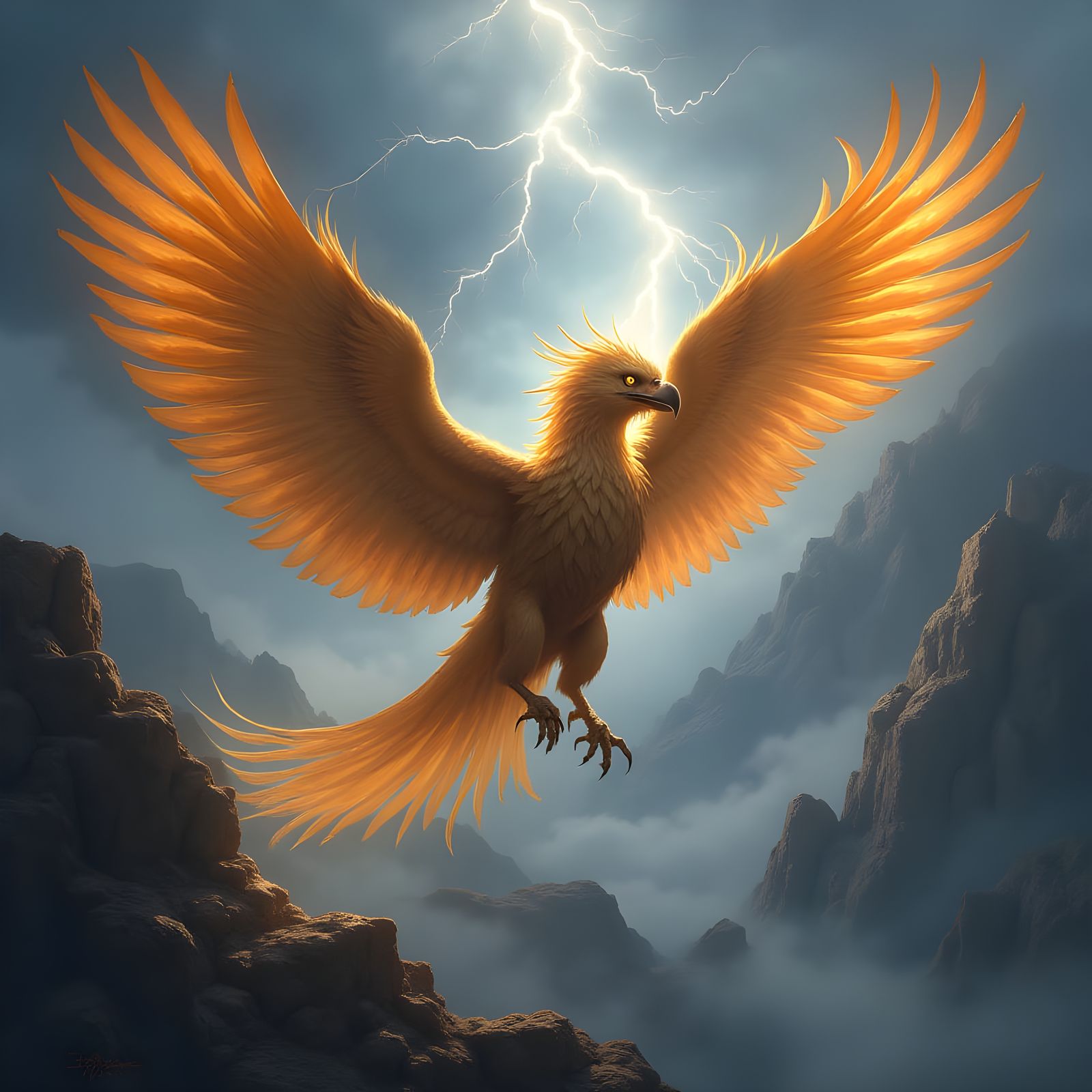 Epic Fantasy Griffin in Stormy Skies, Gold and Bronze Feathe...