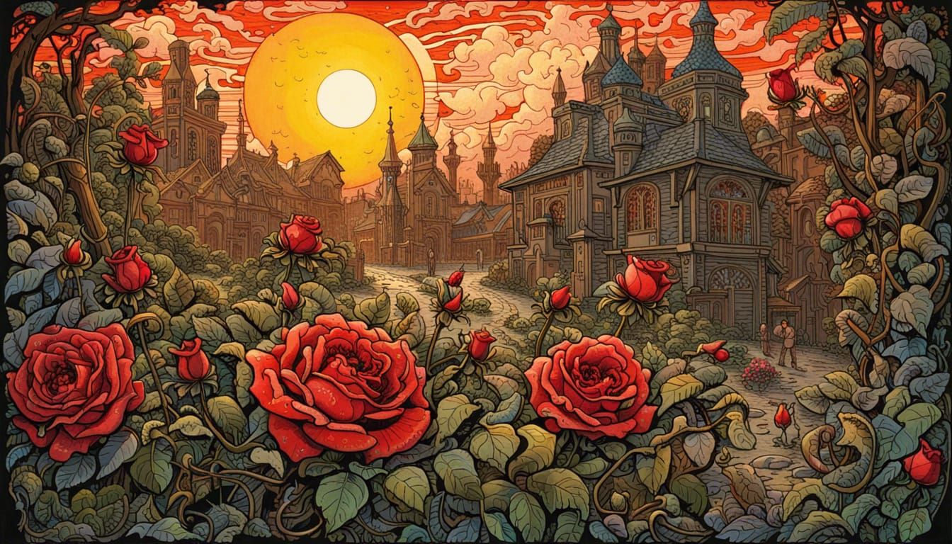 Radiant Roses in a Sunlit Graffiti Garden