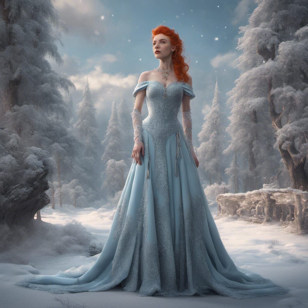 Ginger Girl in Blue Winter Dress: Fantasy Art