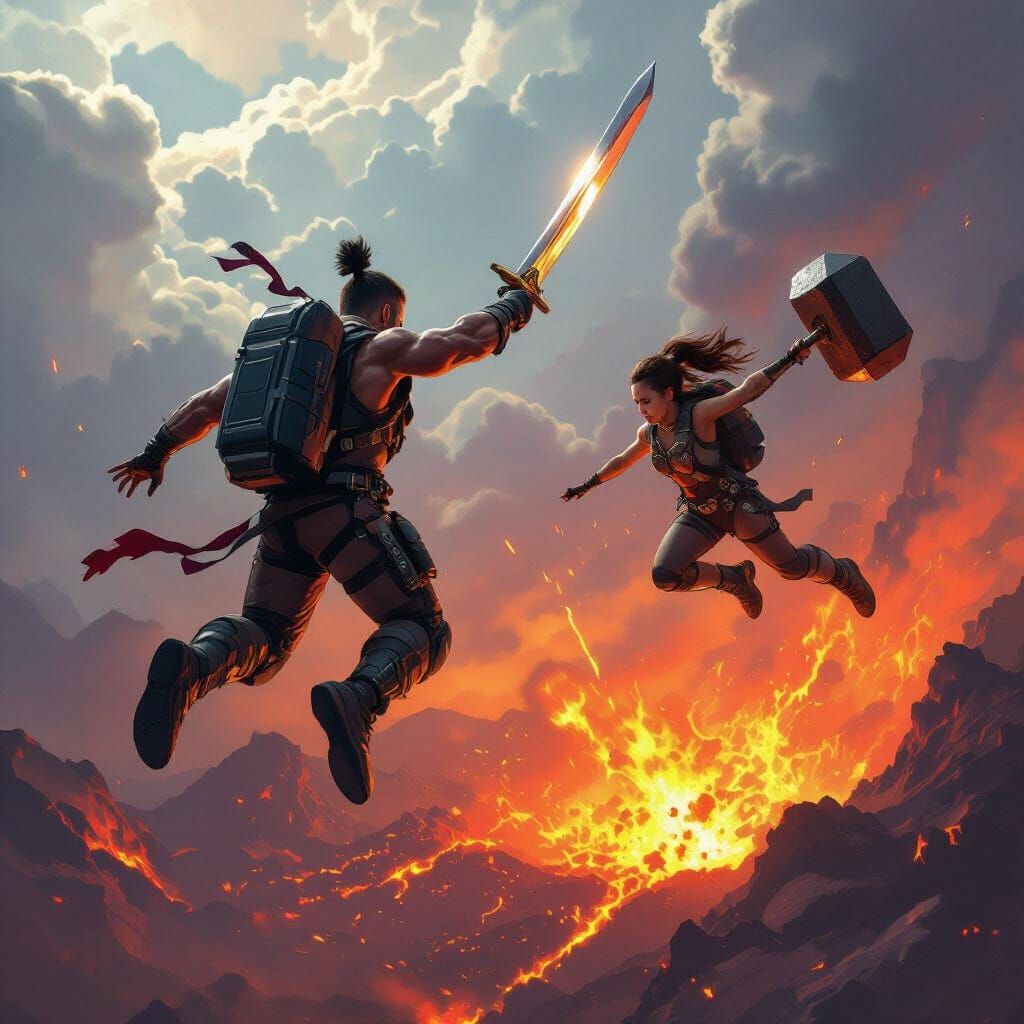 Epic Fantasy Skydive into Volcano with Sword and Hammer