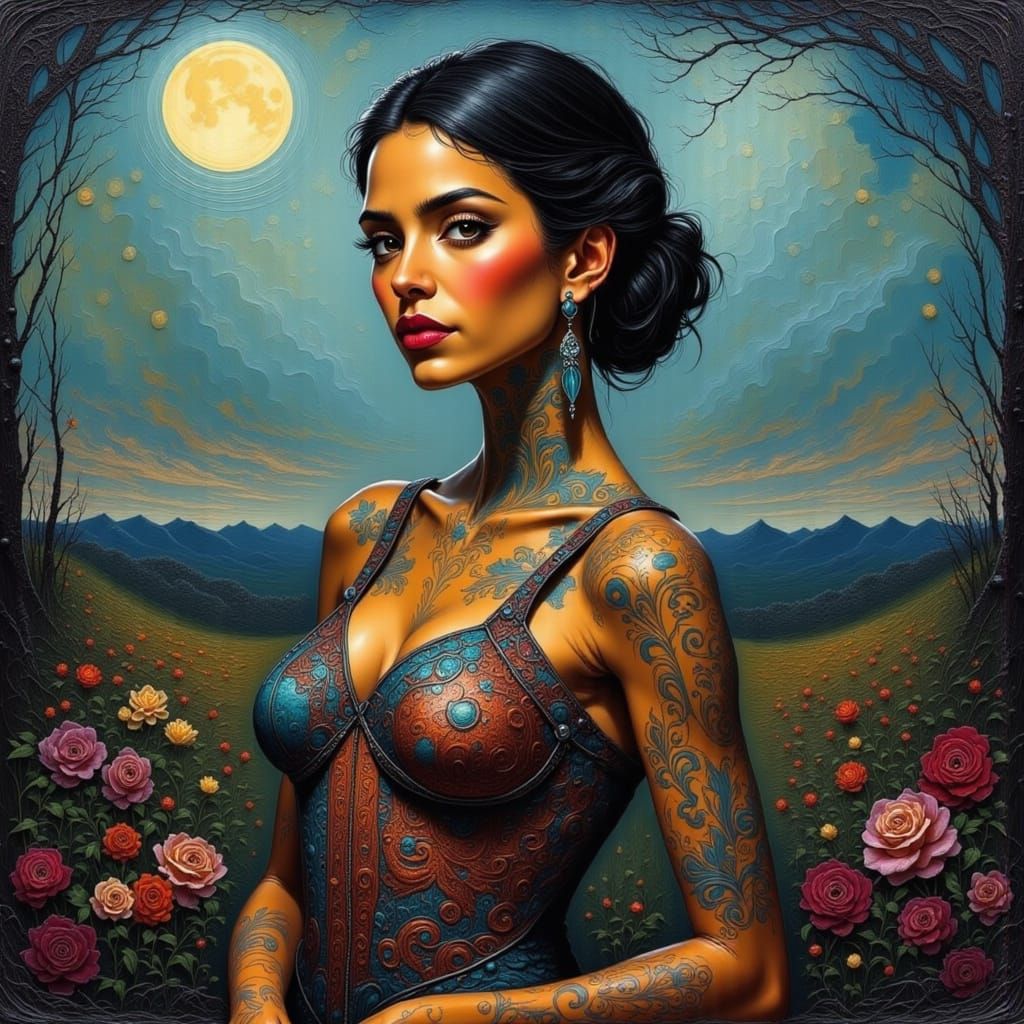 Tattooed Latina Portrait with Impasto Background