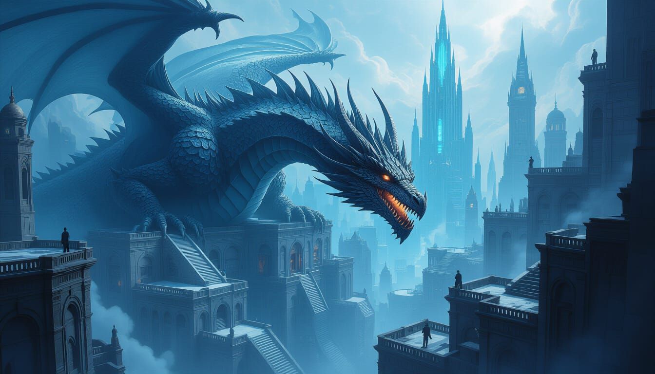 Immense Frost Dragon Over Desolate Cityscape