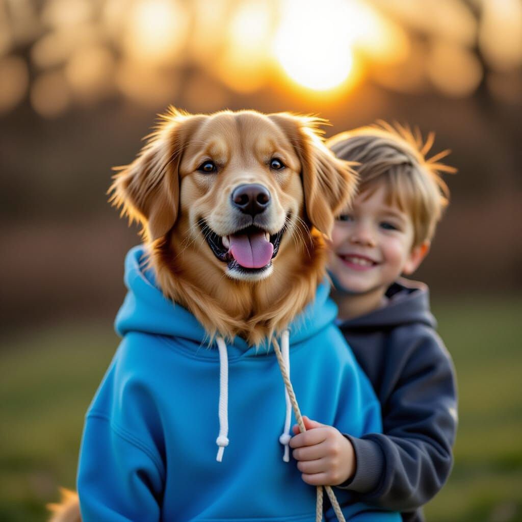 Joyful Golden Retriever in Hoodie After Funny Haircut