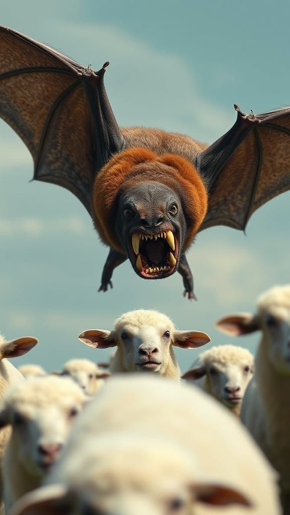 a real-life giant bat with oversized teeth attacking sheep.