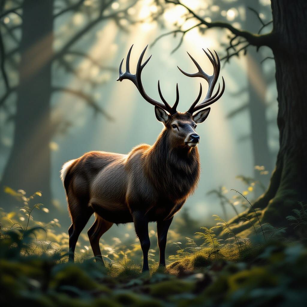 Majestic Stag in Misty Forest Sunlight