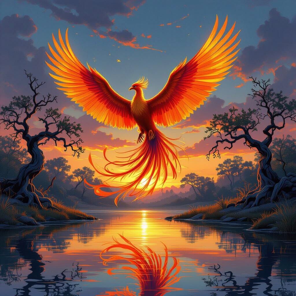 Majestic Phoenix Soars in Fiery Twilight Sky