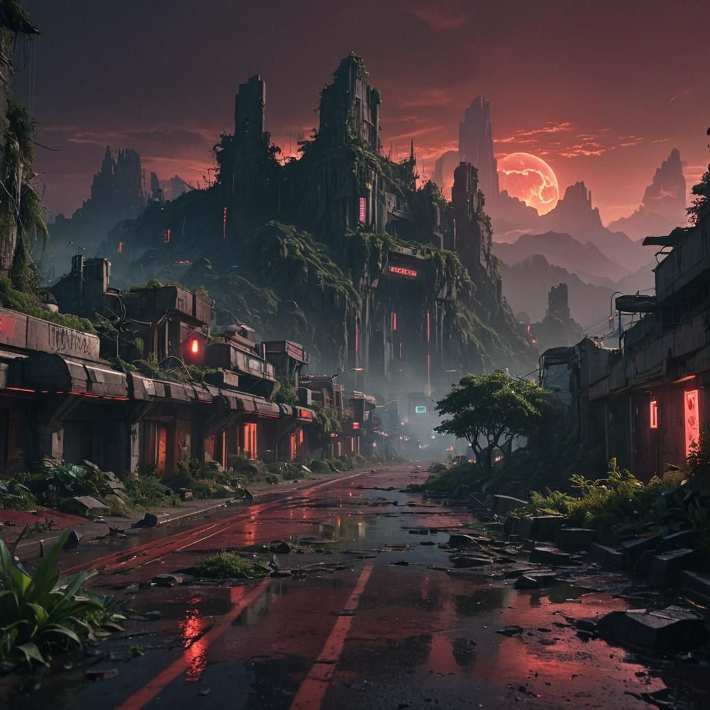 Futuristic City on Mountain Under Red Sky