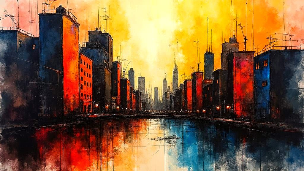 Abstract Cityscape in Expressive Ink Wash Style