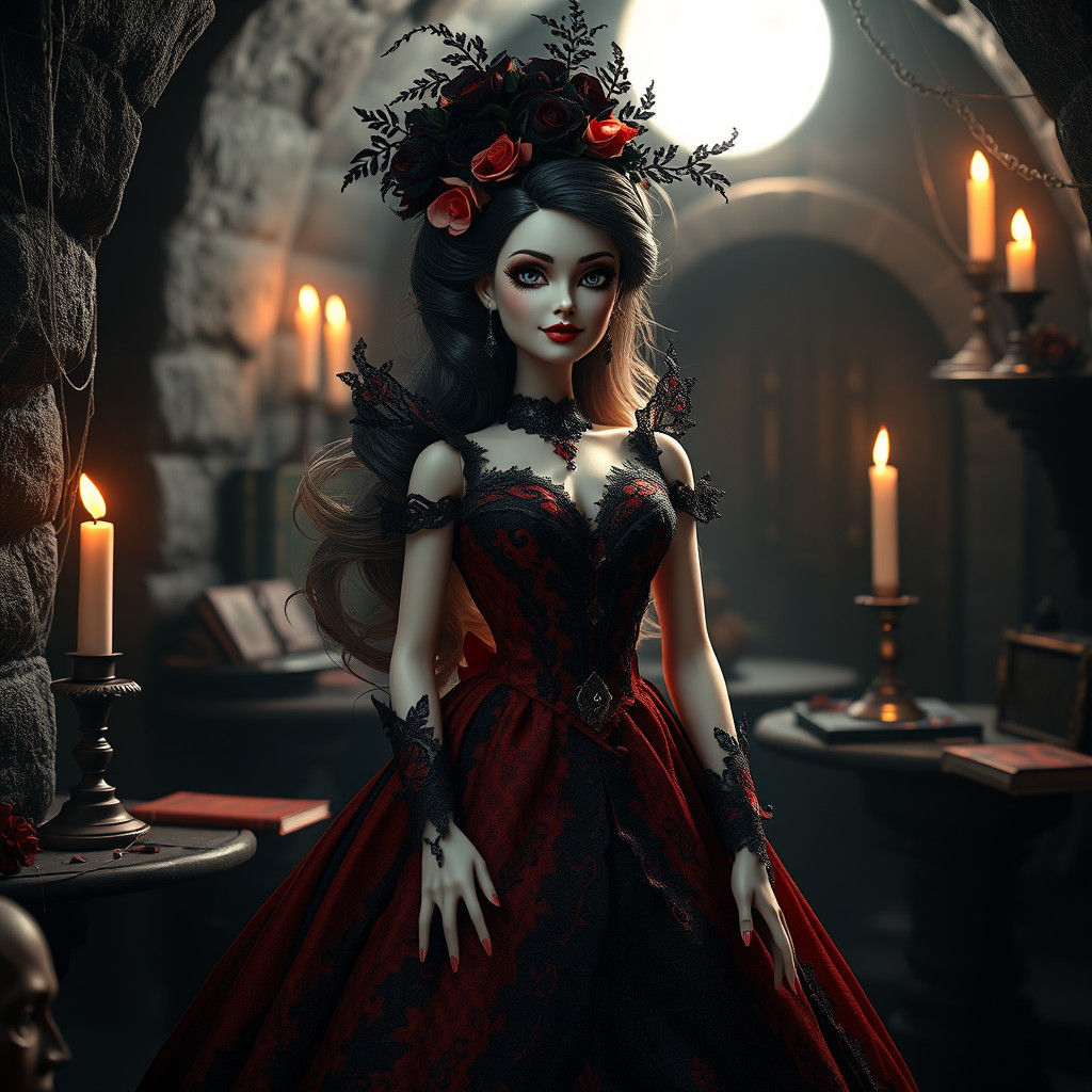 Gothic Vampire Barbie in Crypt, Artstation Style