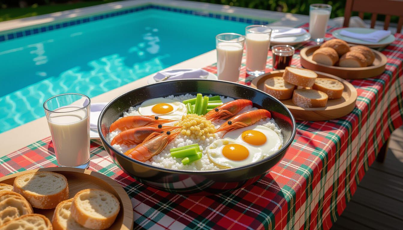 Victorian Rice Porridge Display with Seafood and Poolside Vi...