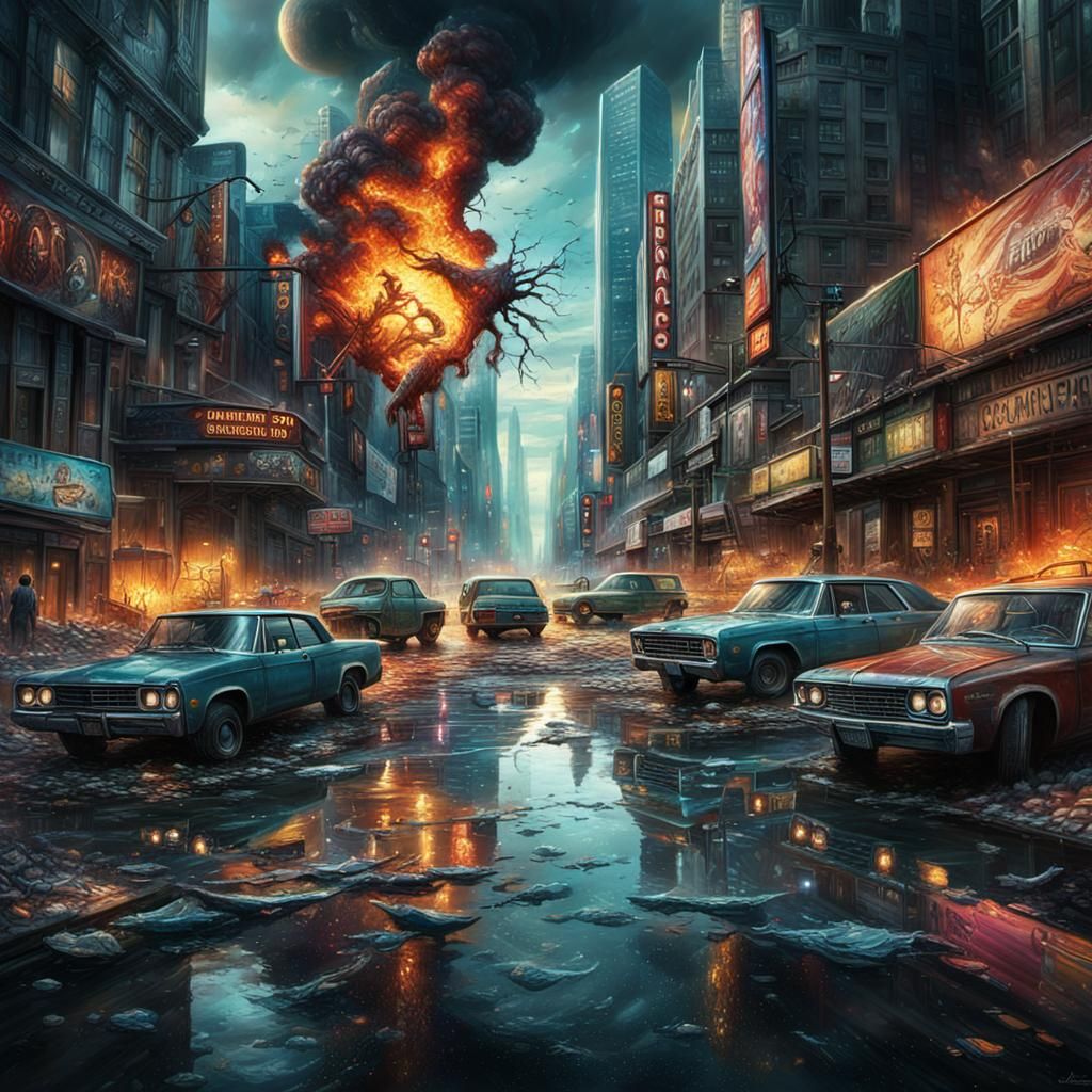 Hyperrealistic Crossroads of Chaos: Cinematic Digital Art