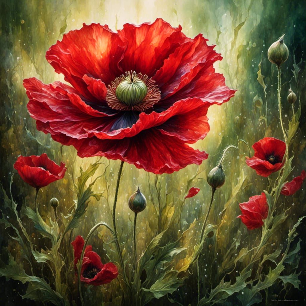 Brilliant Red Poppy Watercolor Painting in Lush Meadow