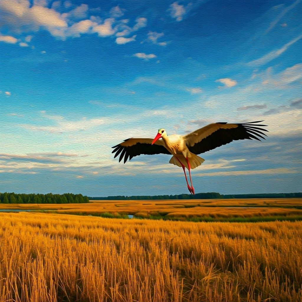 Majestic Stork Soaring Over Belarusian Landscape