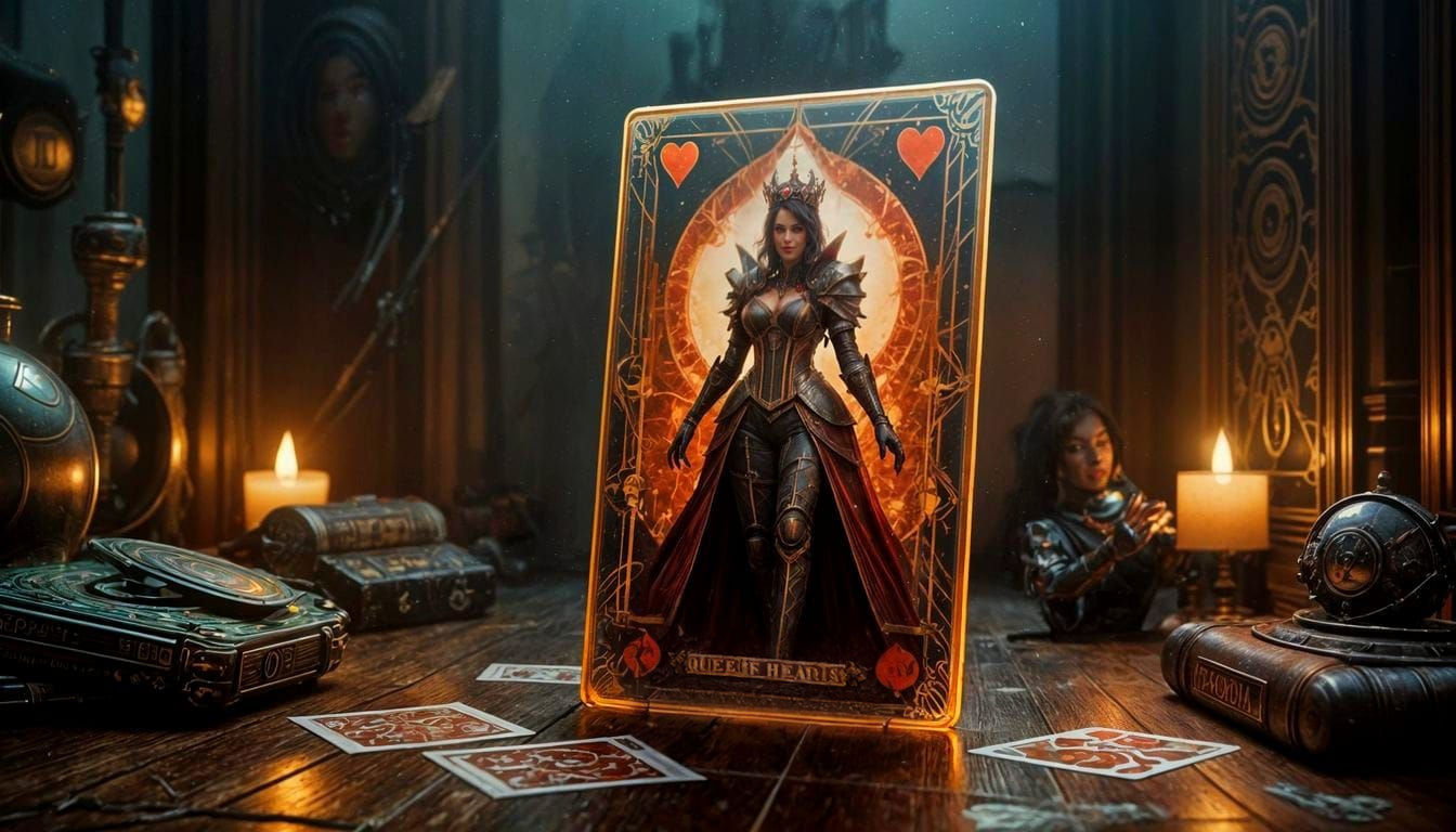Futuristic Queen of Hearts Tarot Card in Cyberpunk Style