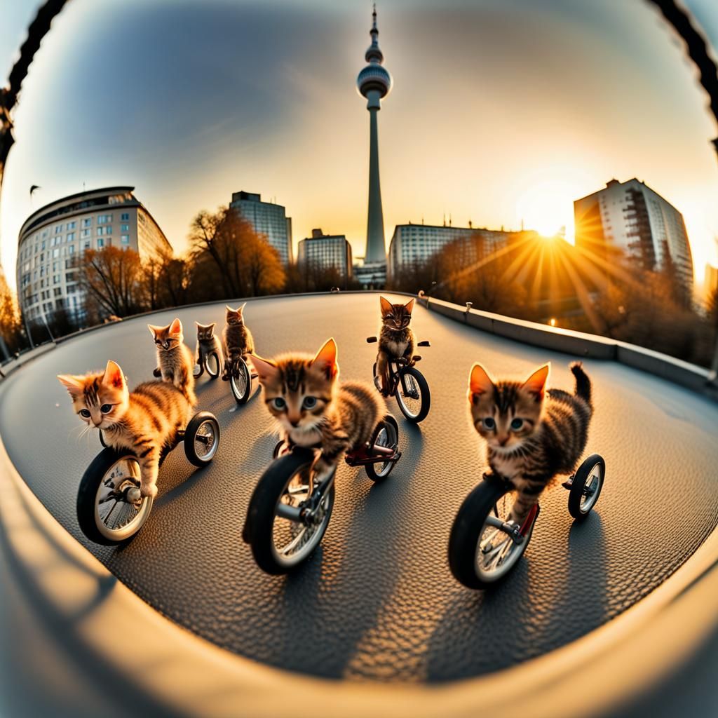 Kittens on Bikes with Berlin Tower Backdrop