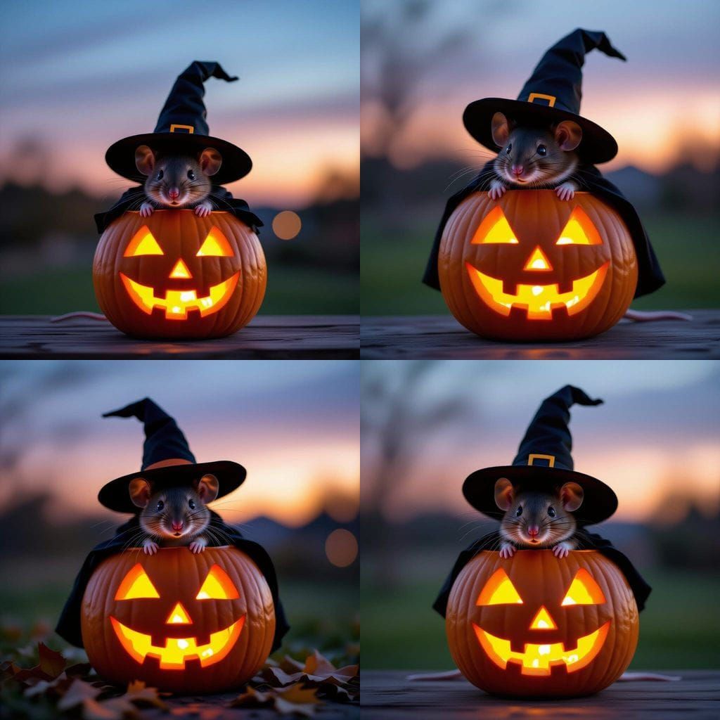 Witch Mouse Peeking From Jack O' Lantern at Twilight